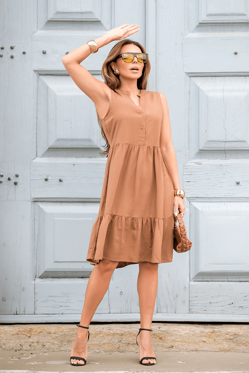 Vestido Franzido em V Com Babado Feminino Hiatto