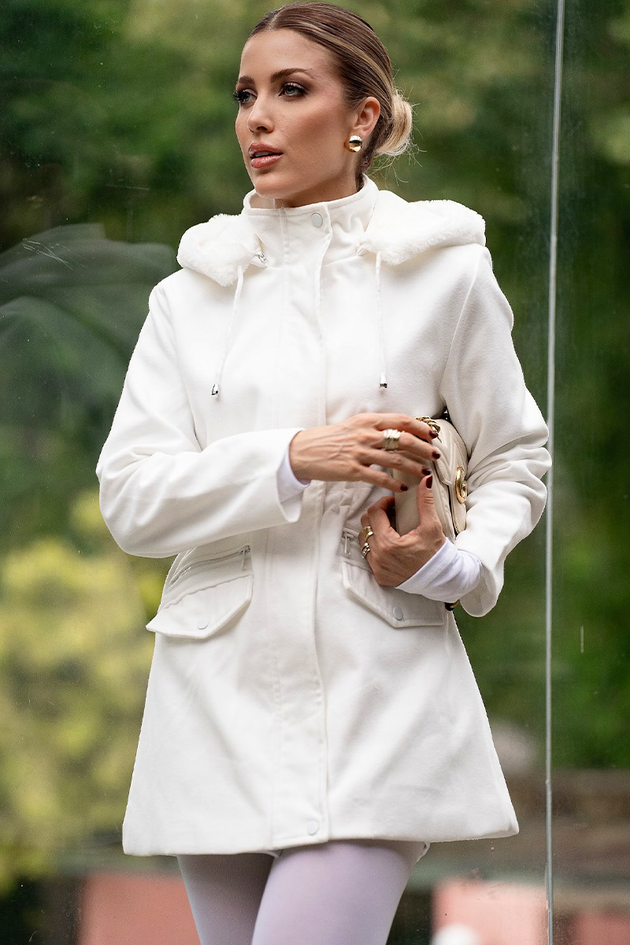 Sobretudo Casaco De LÃ£ Batido Feminino Branco Casaco Lã Batida