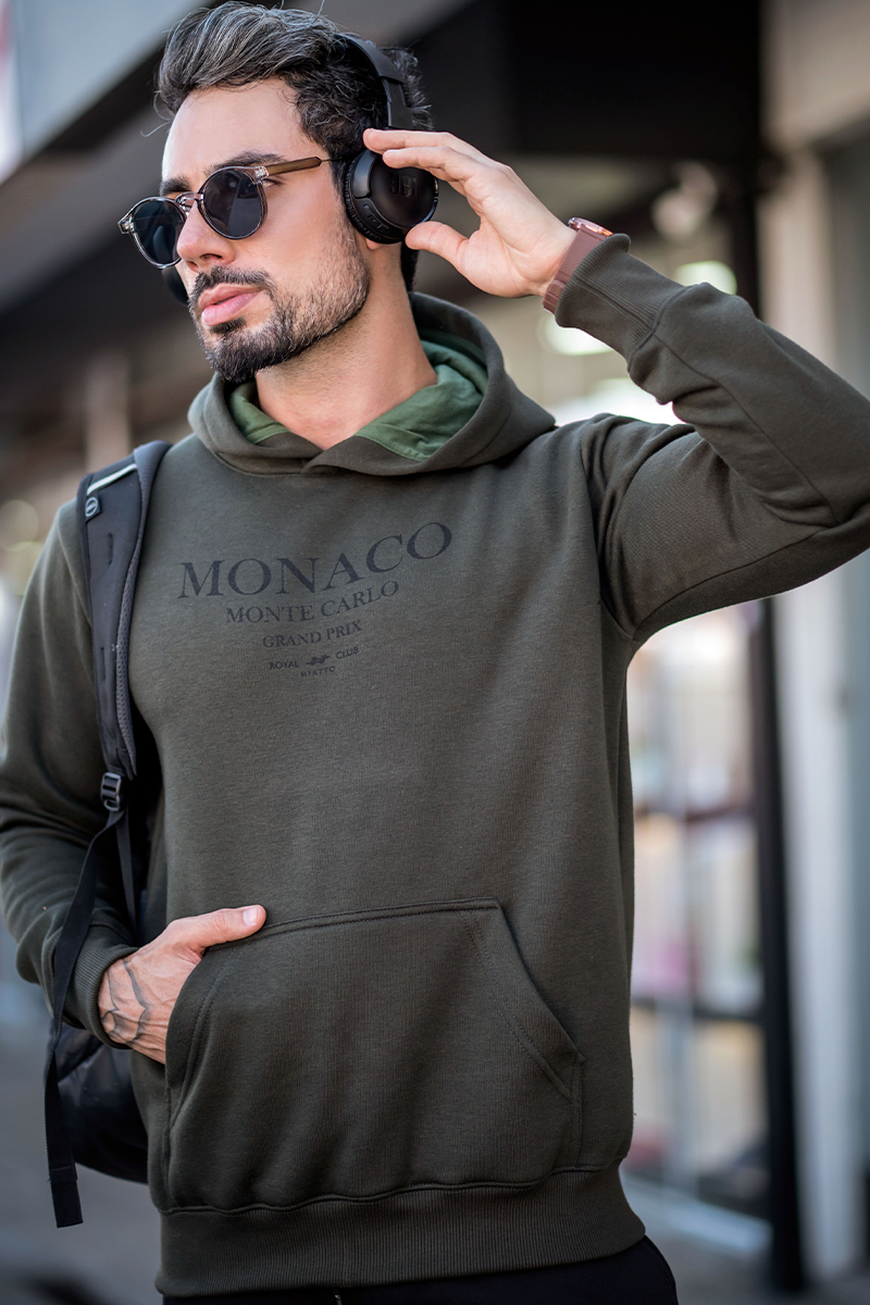 Blusa de Moletom Masculino Canguru Monaco Verde Oliva Hiatto