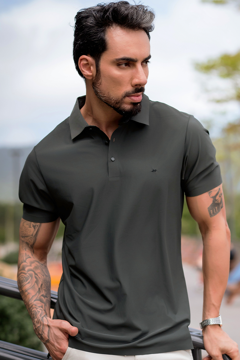 Polo SportTech Botão Masculina Verde Oliva Hiatto