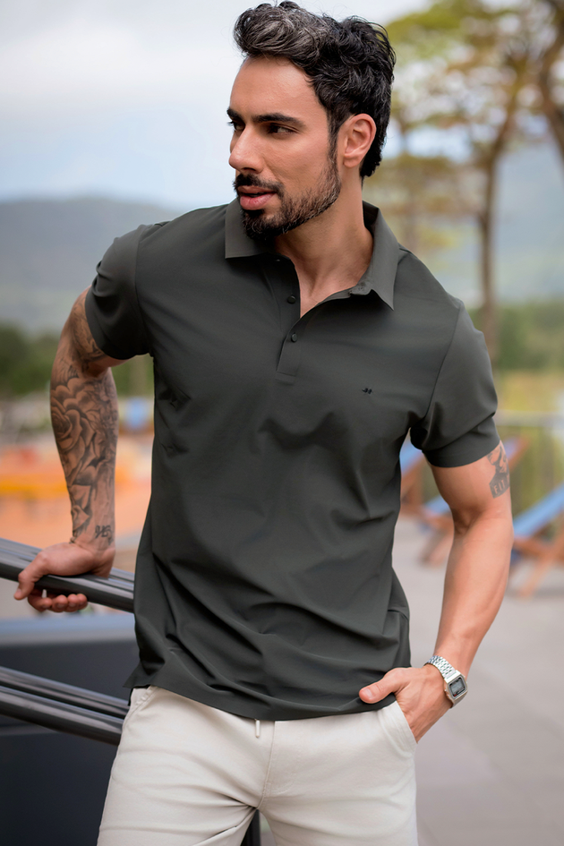 Polo SportTech Botão Masculina Verde Oliva Hiatto