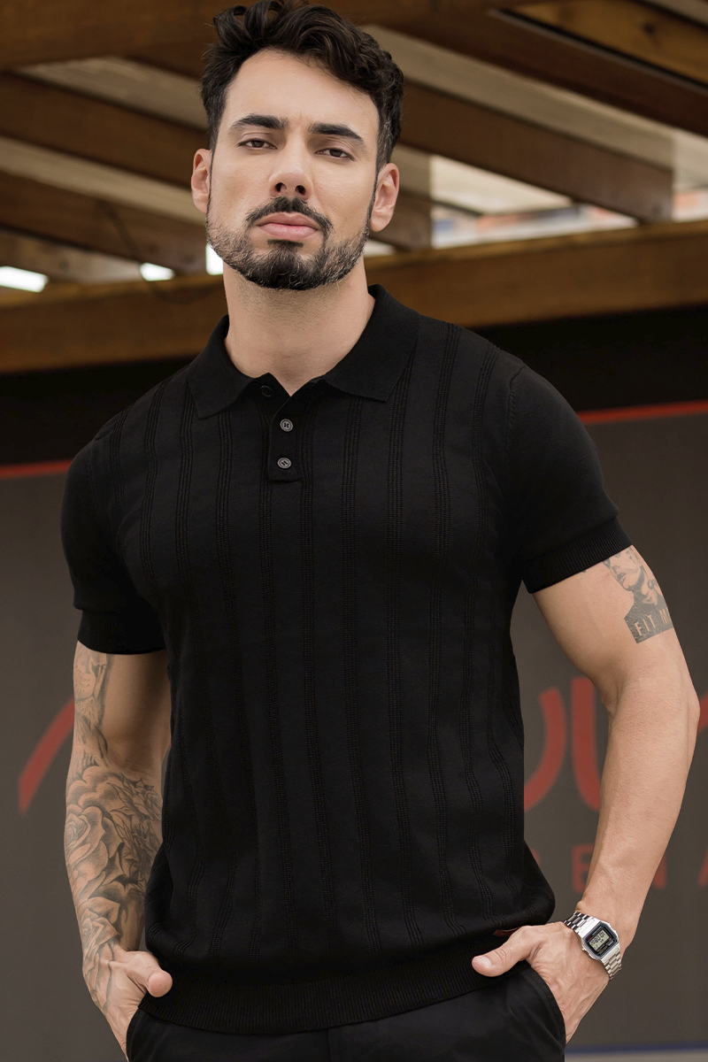 Camisa Polo Masculina Tricot Viscose Preto Hiatto