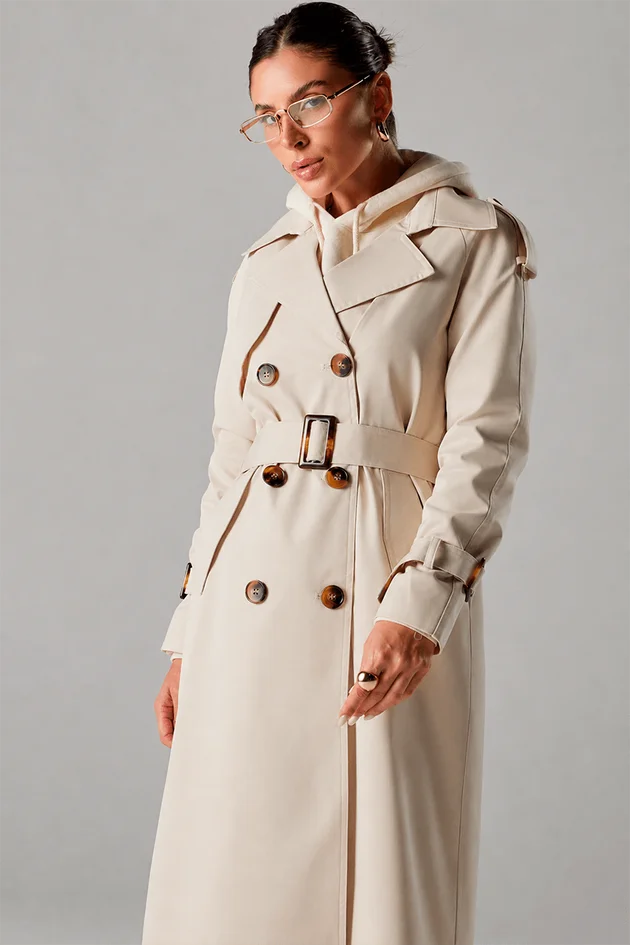 Trench Coat Longo Feminino Milano Sarjado Off White Hiatto