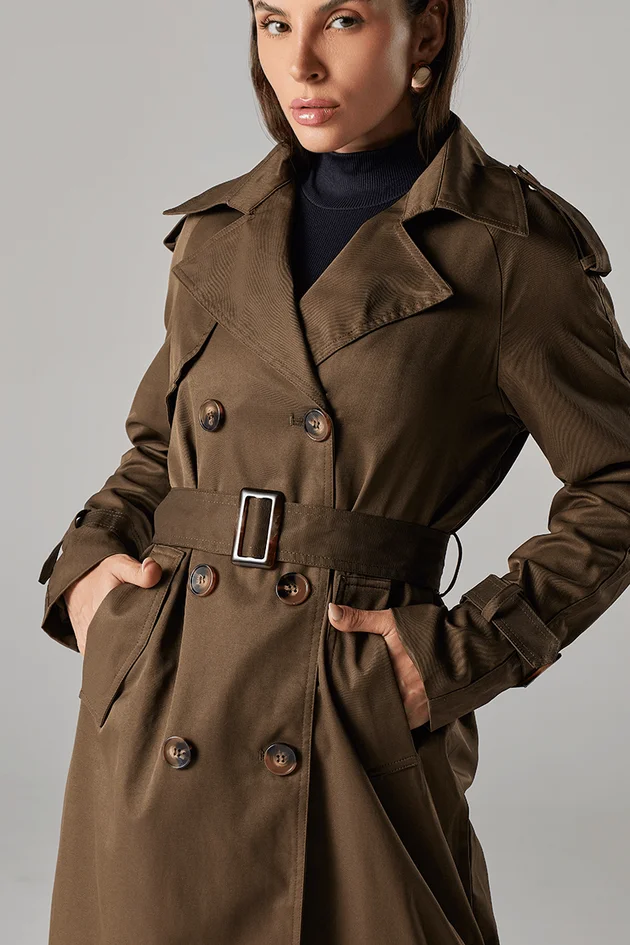 Trench Coat Longo Feminino Milano Sarjado Verde Oliva Hiatto
