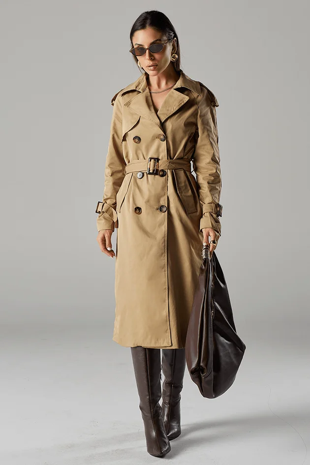 Trench Coat Longo Feminino Milano Sarjado Caqui Hiatto